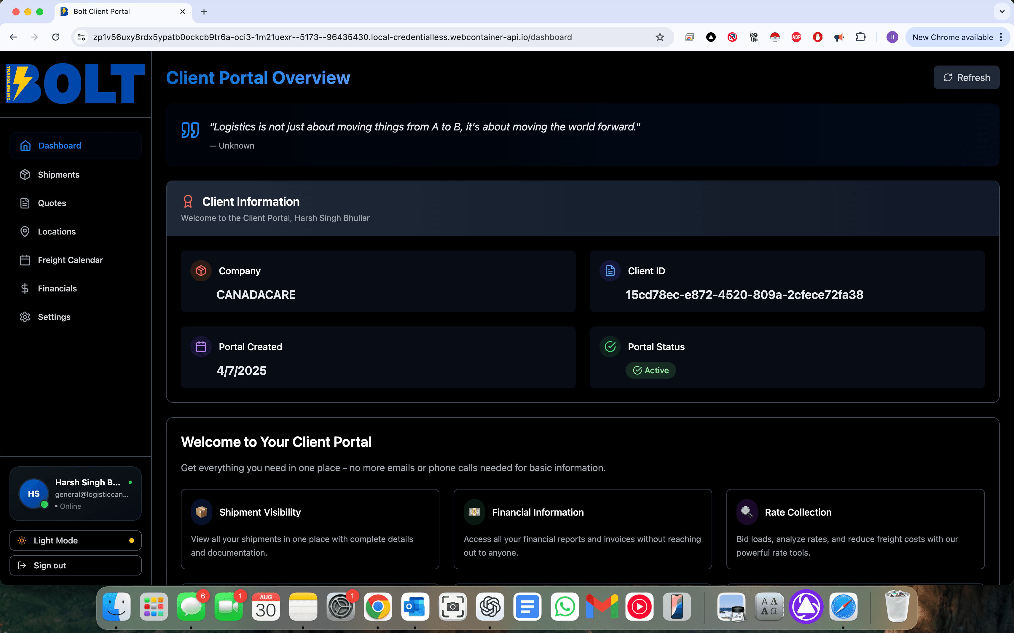 Bolt Transline client portal dashboard showing real-time shipment tracking, carrier ratings, and freight calendar management interface